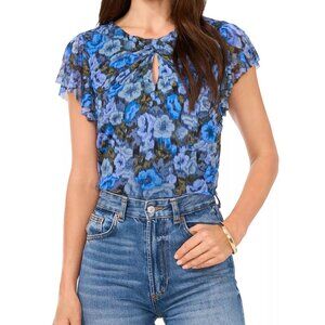 79$ VINCE CAMUTO Floral Keyhole Cutout Semi Sheer Blouse Top Size XXS Blue